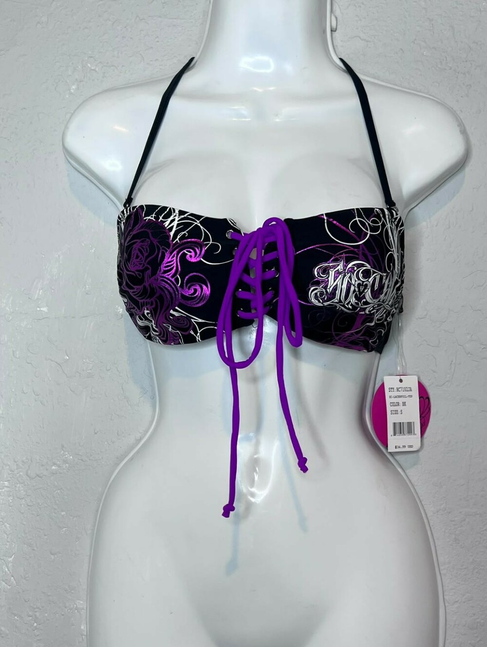 So Cal Black Bandeau Bikini Top with Purple Lace-Up Detail Grudge Goth Y2K